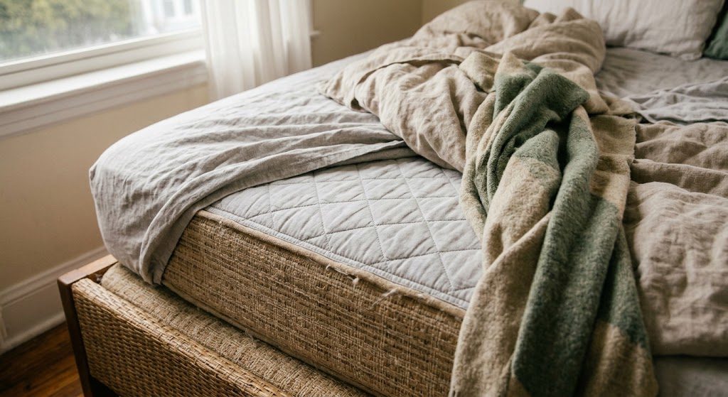 A medium-firm hybrid mattress on a simple wooden bed frame in Grace Morgan's San Francisco bedroom, with rumpled linen sheets