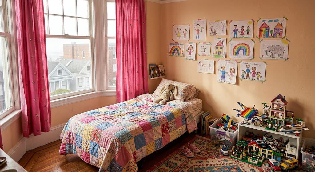 A low open shelf unit in a kid’s bedroom, with shallow plastic trays holding LEGO bricks sorted by color