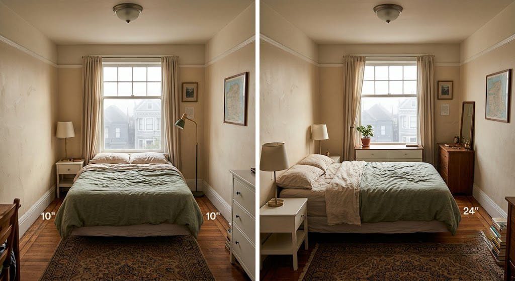 Bed pushed against the wrong wall in a small San Francisco bedroom — before layout fix