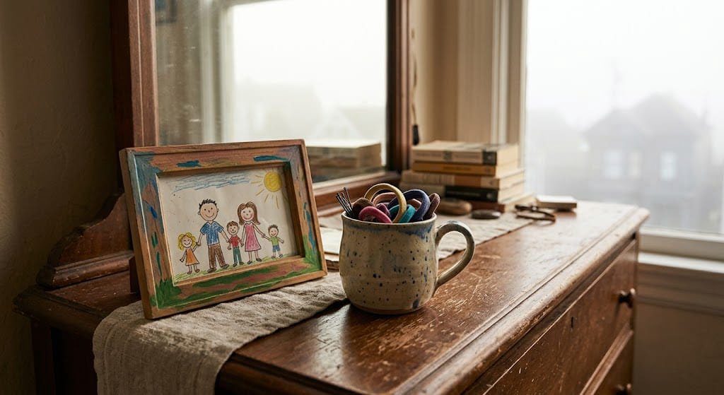 A personal, lived-in bedroom corner with child's drawing, ceramic mug, and foggy window in San Francisco
