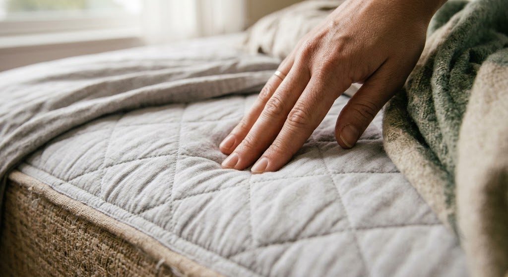 Detail shot of breathable mattress fabric and pocketed coil structure, with a hand pressing gently into the surface