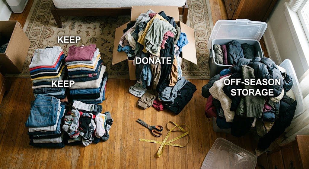 A pile of clothes sorted on a bedroom floor before a closet organization project — keep, donate, store piles
