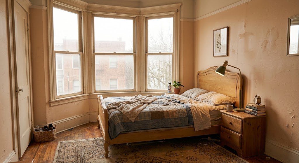 A corrected bedroom layout showing the bed on a solid interior wall with clear walkways on both sides