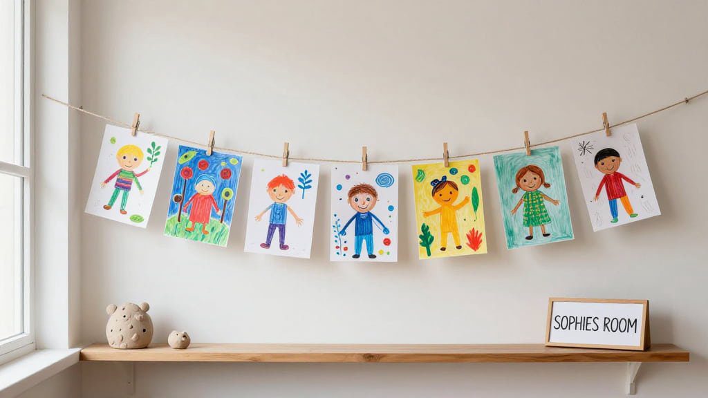 A twine art line across a child’s bedroom wall, holding crayon drawings and a hand-lettered sign