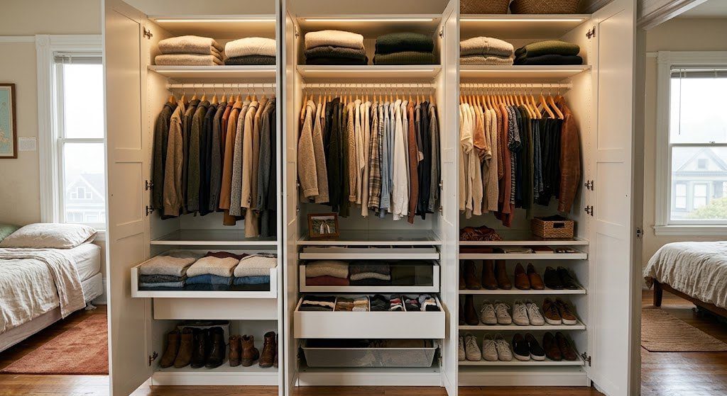 A completed IKEA Pax closet interior with drawers, hanging rods, shoe shelves, and a small LED light strip