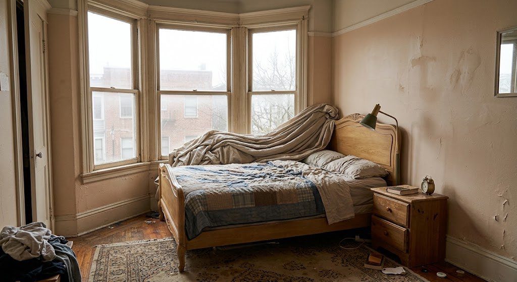 A queen bed incorrectly placed under a window in a San Francisco bedroom, with curtains bunched and nightstand squeezed