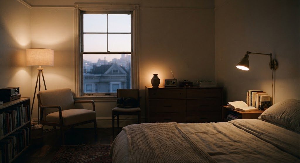 A swing-arm wall sconce mounted next to a bed in a San Francisco bedroom, casting a focused reading light onto a pillow