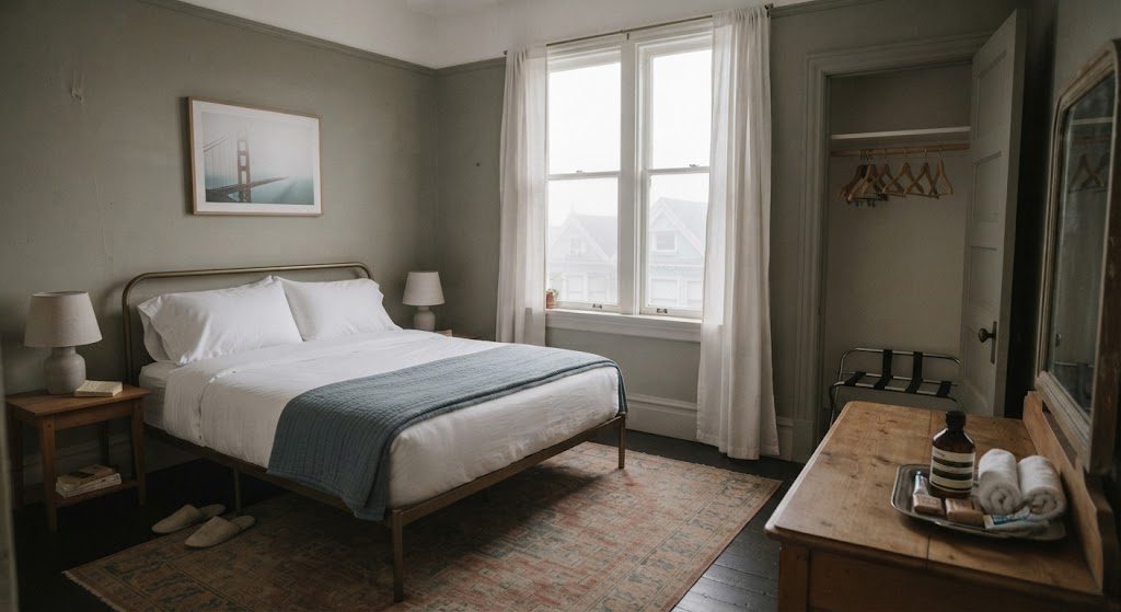 Real Guest Bedroom Tour — Drawer and Dream A small San Francisco guest bedroom with a queen bed, white curtains, a dresser with a mirror, and a closet with empty hangers visible