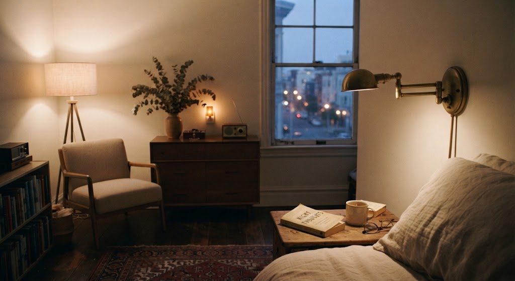 A corner of Grace Morgan's bedroom showing three light sources: floor lamp, bedside sconce, and a small accent nightlight behind a vase
