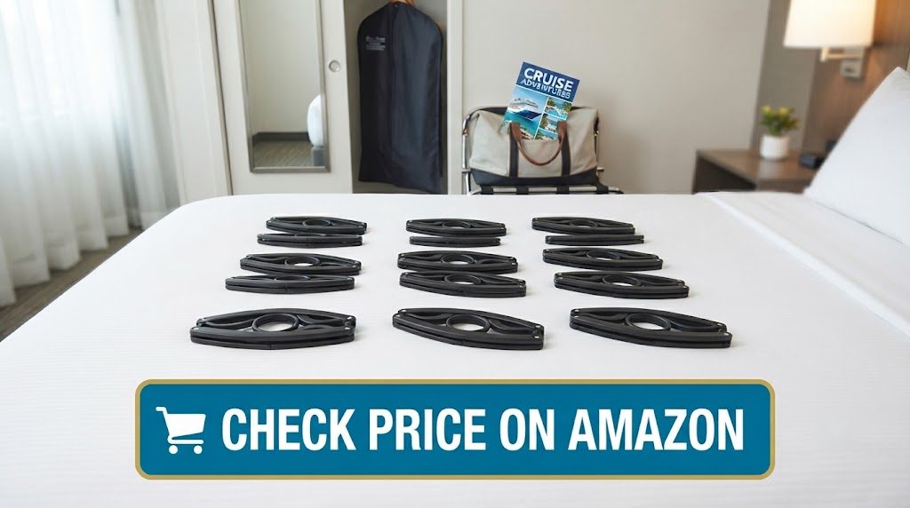 Twelve folded Trubetter travel hangers spread out on a hotel bed, with a garment bag and cruise cabin brochure in the background
