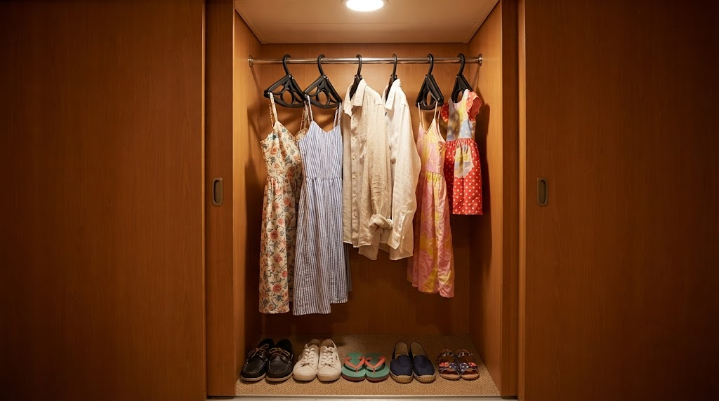 Six Trubetter hangers hanging in a narrow cruise cabin closet, with dresses and shirts neatly arranged