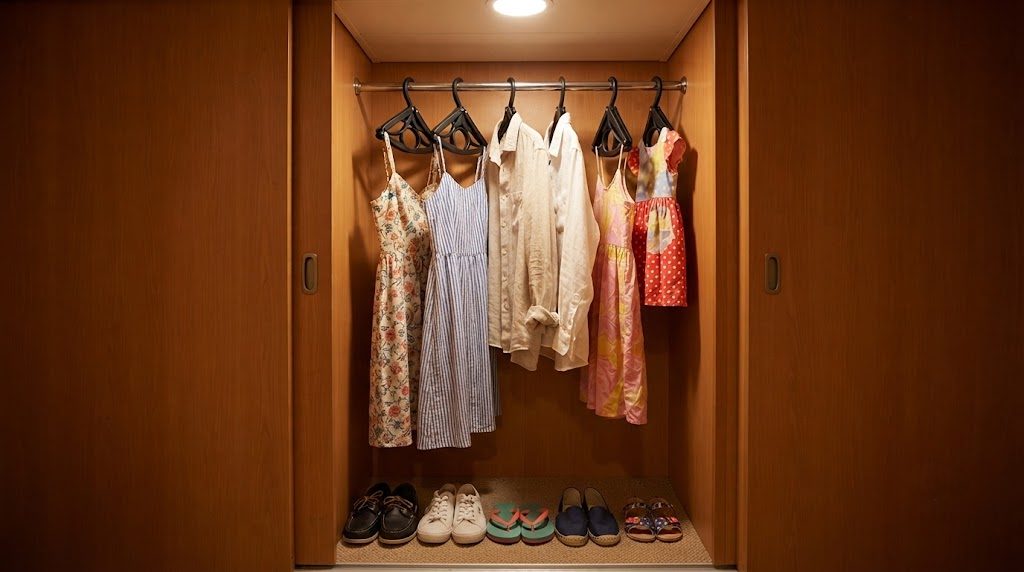 Six Trubetter hangers hanging in a narrow cruise cabin closet, with dresses and shirts neatly arranged