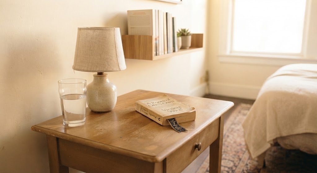 The same nightstand cleared down to three items: a small ceramic lamp, one glass of water, and a single book
