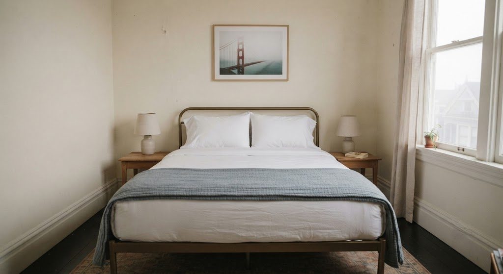 Guest Room Mattress — Drawer and Dream A simple queen bed in a guest room with a memory foam mattress, white cotton sheets, and a folded quilt at the foot