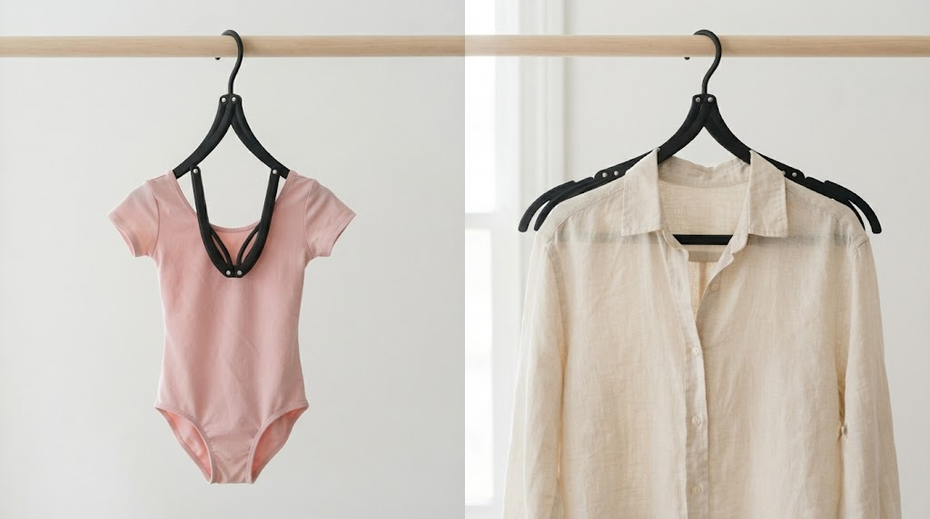 A half-unfolded travel hanger holding a child's dance leotard, next to a fully unfolded one holding an adult linen shirt