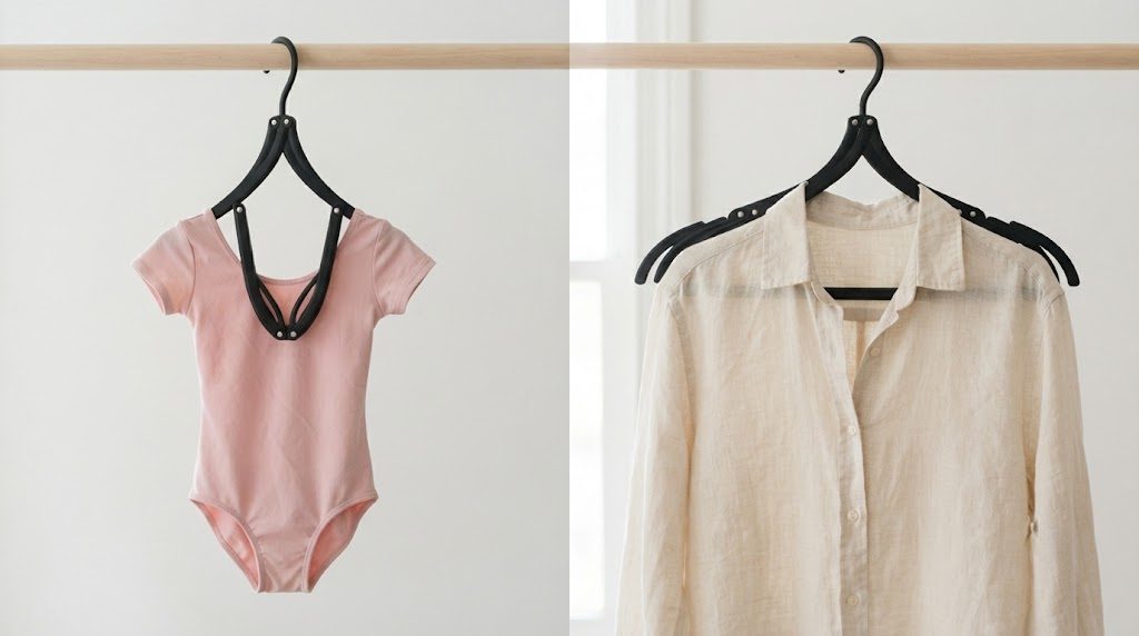 A half-unfolded travel hanger holding a child's dance leotard, next to a fully unfolded one holding an adult linen shirt