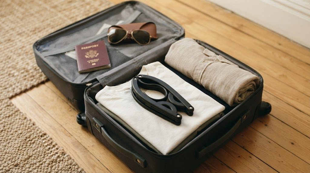 A compact Trubetter travel hanger folded to phone size, resting on an open carry-on suitcase next to a passport