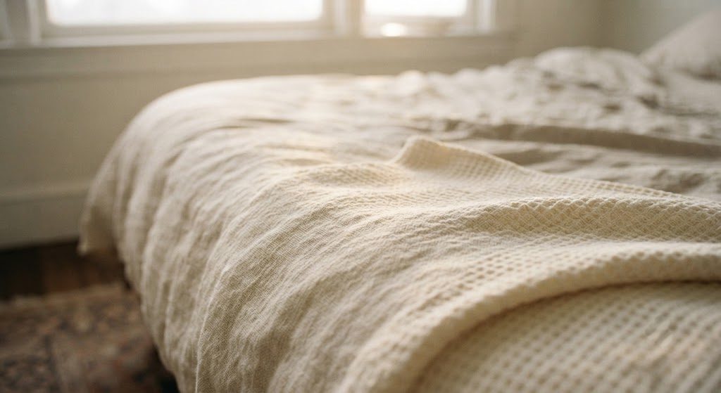 Close-up of rumpled linen sheets in a soft off-white, draped across a mattress with morning light falling across the fabric texture