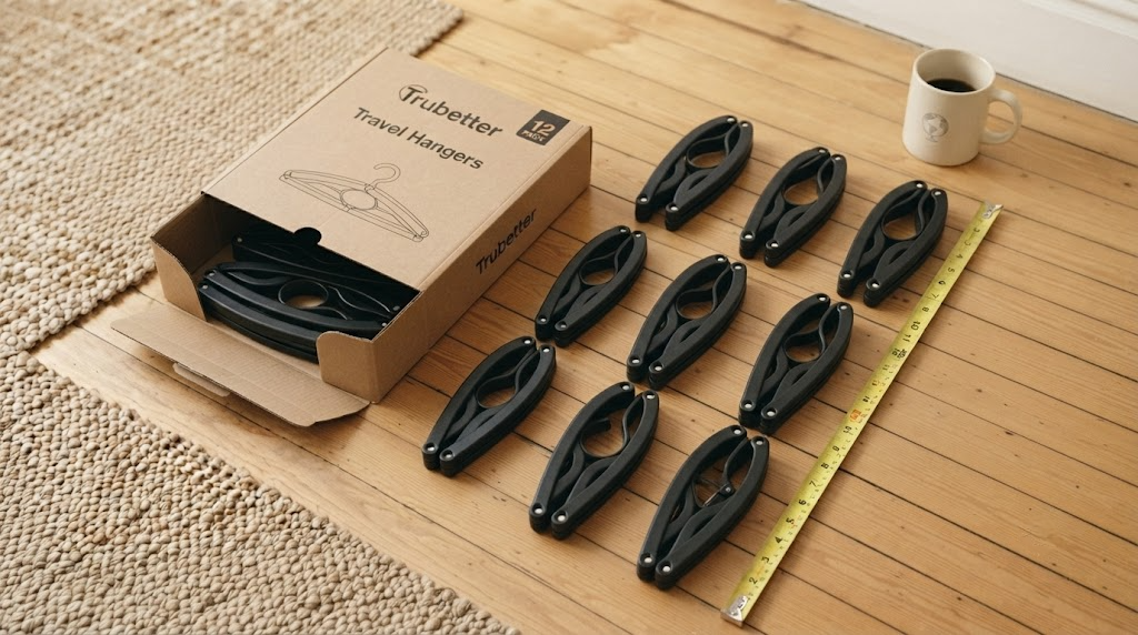 Trubetter 12-pack travel hangers in their packaging, next to a measuring tape showing the compact size