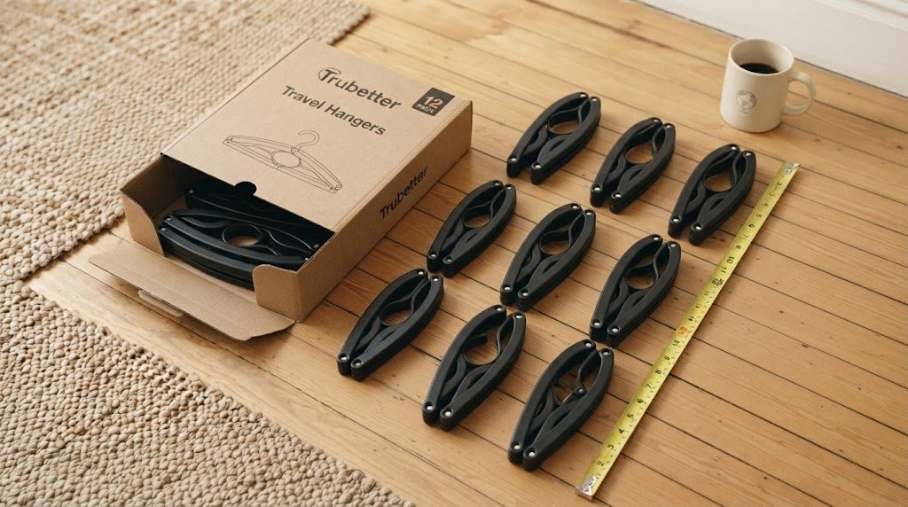 Trubetter 12-pack travel hangers in their packaging, next to a measuring tape showing the compact size