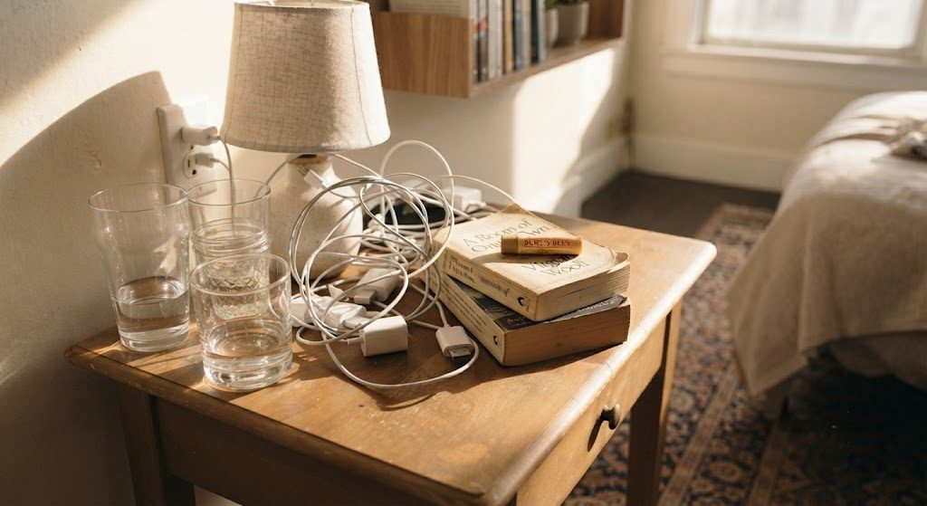 An extremely cluttered nightstand with multiple water glasses, tangled cables, stacked books, and random toiletries