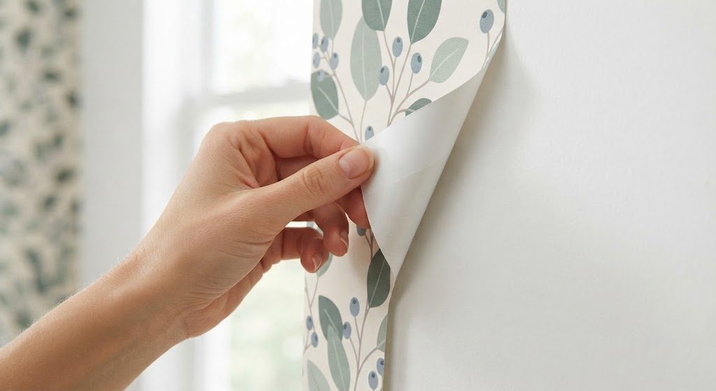 A peel-and-stick wallpaper sample being peeled away from a bedroom wall, showing clean removal without paint damage