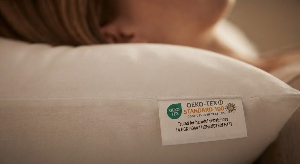 CozyLux OEKO‑TEX Certification Tag OEKO‑TEX Standard 100 certification label on CozyLux pillow.