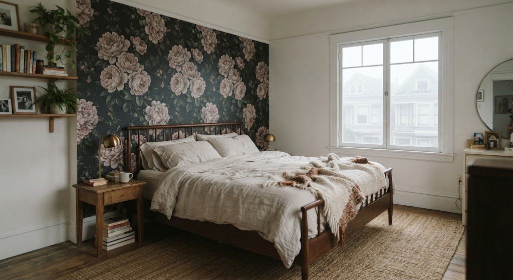 A San Francisco primary bedroom with a dark floral wallpaper accent wall behind a bed dressed in neutral linen