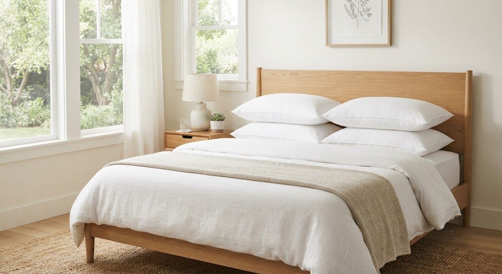 CozyLux Pillows Stack Display CozyLux 4‑pack white pillows stacked on a bed.