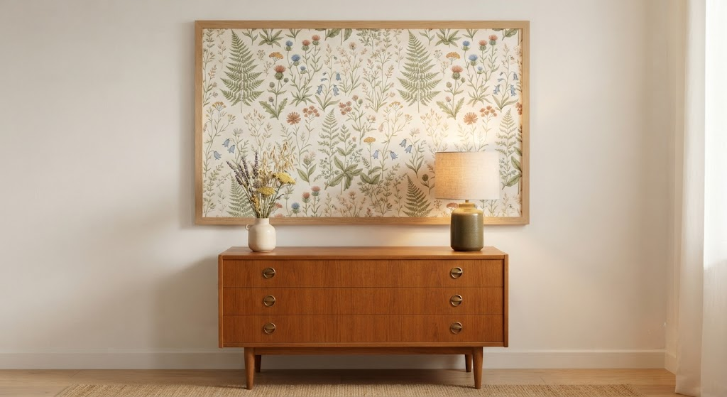A framed panel of botanical wallpaper hung above a wooden dresser in a San Francisco bedroom, styled with a small vase and a lamp