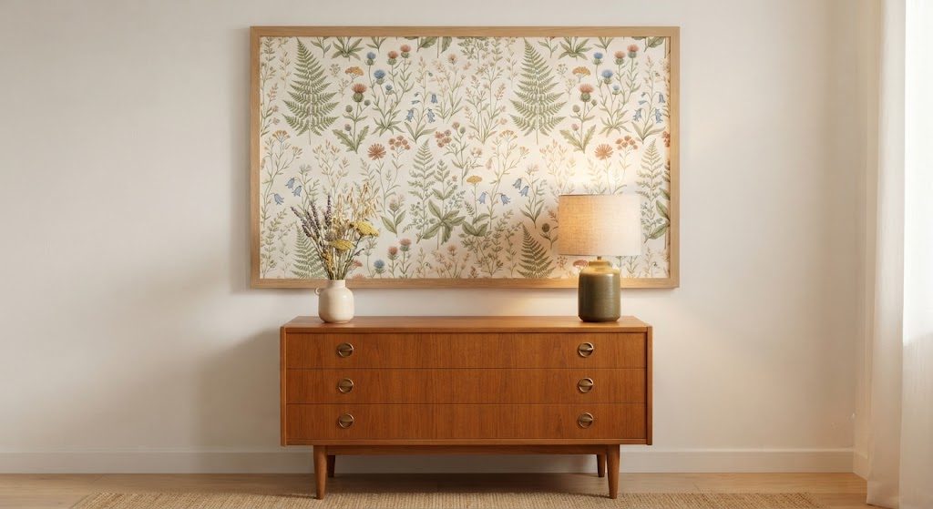 A framed panel of botanical wallpaper hung above a wooden dresser in a San Francisco bedroom, styled with a small vase and a lamp