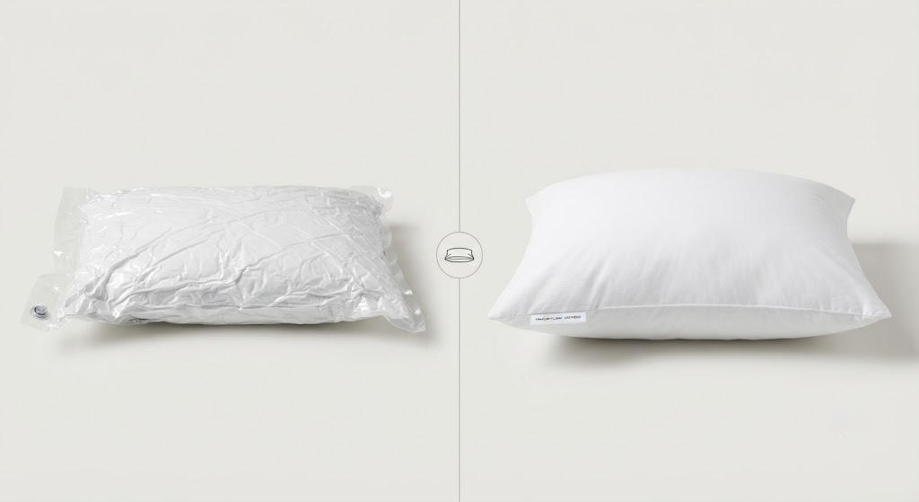 CozyLux pillow before and after expansion from vacuum seal.