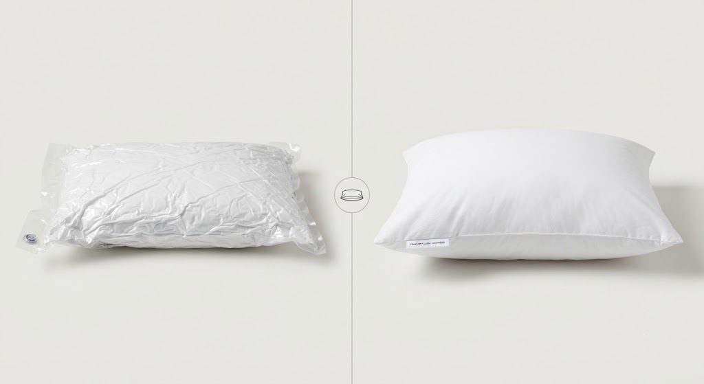 CozyLux Vacuum‑Sealed Expansion Comparison CozyLux pillow before and after expansion from vacuum seal.
