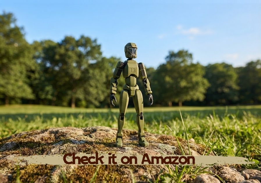 Titan 13 action figure posed on grass in a park, outdoor photography