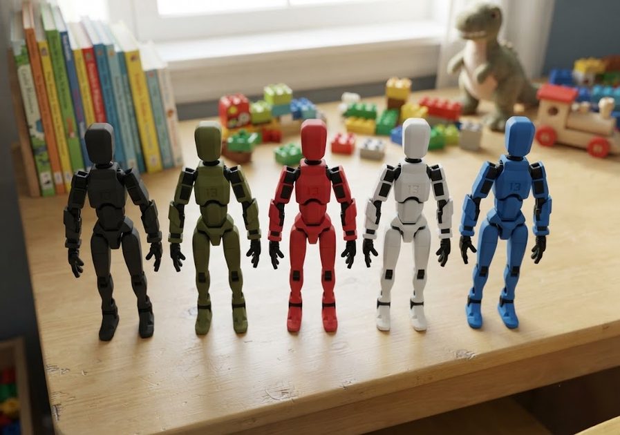 Five Titan 13 action figures in different colors on a kids' room desk
