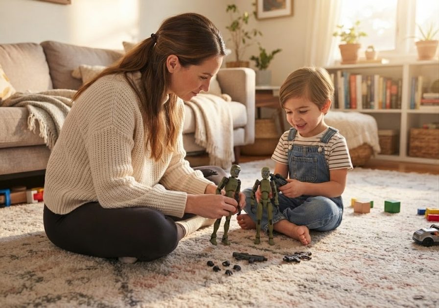 Mother and child sitting on floor playing with Titan 13 action figures together