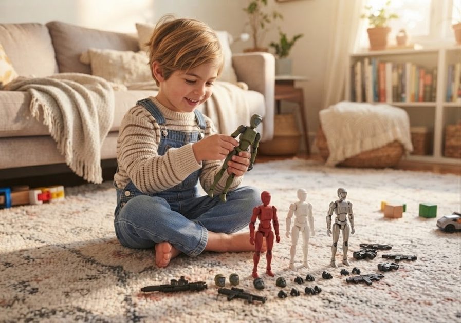Little boy sitting on floor playing with Titan 13 action figures and accessories